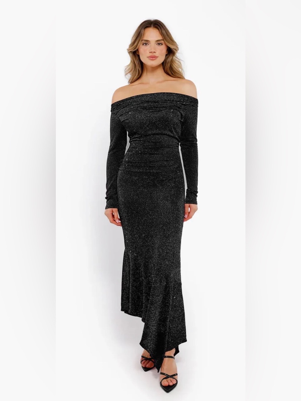 Popilush Shapewear Metallic Knit Long Sleeve Slim Mermaid Maxi Dress.